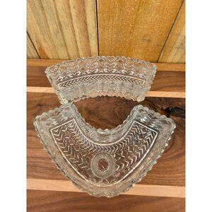 Vintage Clear Cut Glass Fan-Shaped Candle Holder Dish Set
